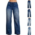 thumbnail image 1 of Drawstring Jeans Women Mid Waist Wide Leg Denim Pants Elastic Waist Pull on Classic Distressed Blue Jeans for Office Work Casual Trousers with Pockets, 1 of 7