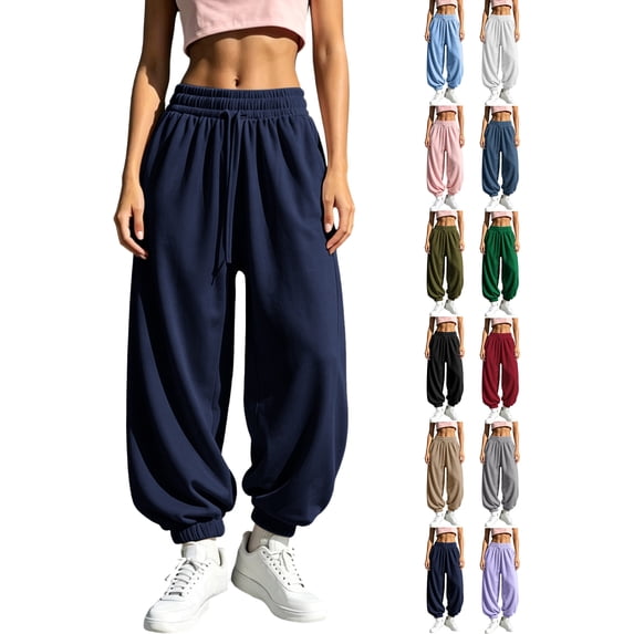 Drawstring Jogger Sweatpants for Women Elastic Waist Loose Fit Ribbed Cuffed Ankle Casual Athletic Workout Lounge Fall Winter Everyday Pants with Pockets