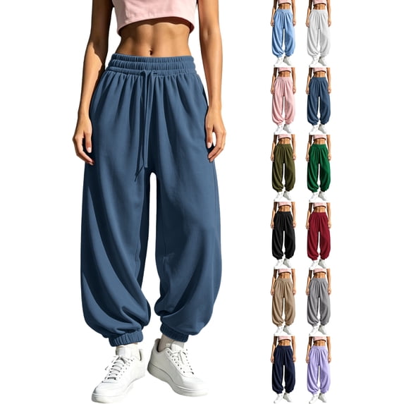 Drawstring Jogger Sweatpants for Women Elastic Waist Loose Fit Ribbed Cuffed Ankle Casual Athletic Workout Lounge Fall Winter Everyday Pants with Pockets