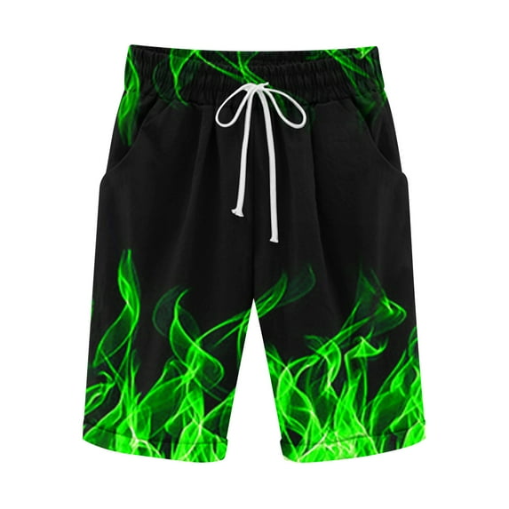 Drawstring Lightweight Summer Casual Shorts for Men Elastic Waist Flame Print Beach Shorts with Pockets