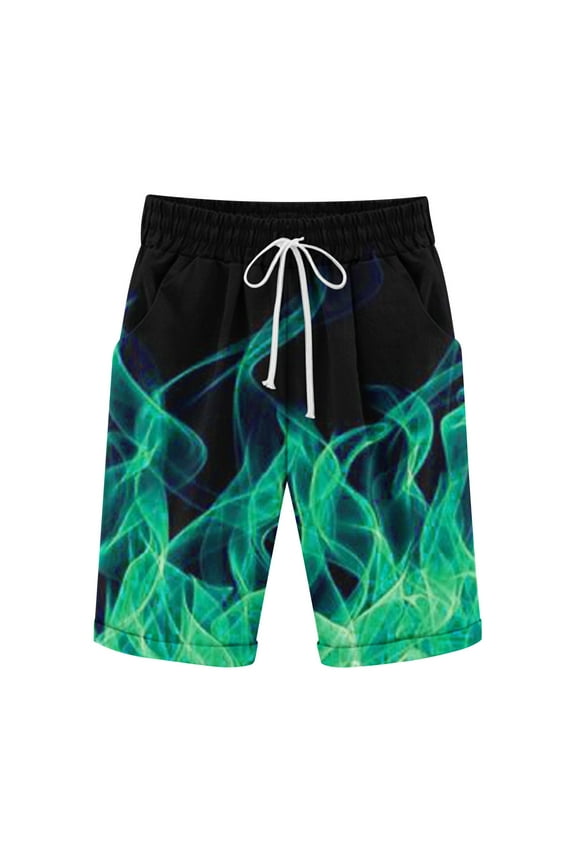 Drawstring Lightweight Summer Casual Shorts for Men Elastic Waist Flame Print Beach Shorts with Pockets