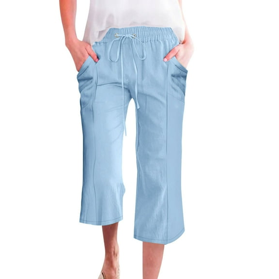 Drawstring Linen Joggers - Women's Plus Size Casual Pants, Comfortable Elastic Waist Bohemian Style Trousers | Yubnlvae (Light blue | XL)