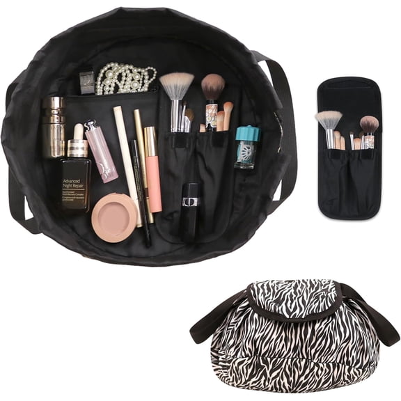 Drawstring Makeup Bag ?C Barrel Drawstring  Bag Opens Flat for Travel Toiletry Cinch Bag with Brush Bag ()