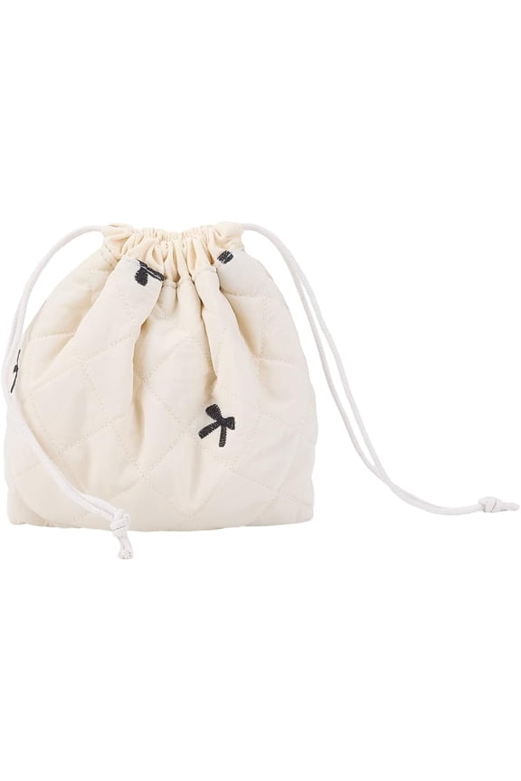Drawstring Makeup Bag with Canvas Lining Travel Toiletry Bag Beige Bows Makeup Accessories Organizer Case Cosmetic Bag Drawstring Bag Portable Storage Clutch Bags for Women 3.5x7x9.7inch