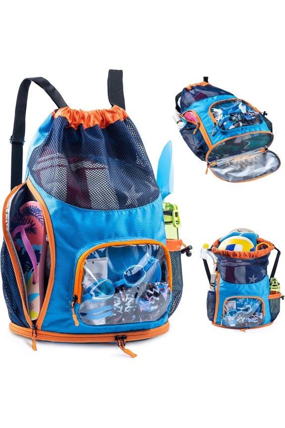 Drawstring Mesh Backpack - Beach Bag with Shoe Compartment - Swim/Pool Bag for Beach & Pool - Summer Camp Essentials