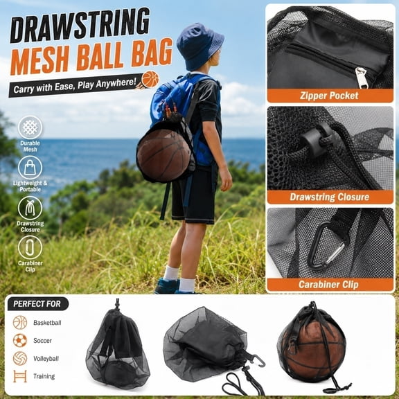 Drawstring Mesh Ball Bag, Durable Lightweight Drawstring Closure Sports Net Pack, 1 Pack Basketball Storage Sack with Zipper Pocket Carabiner Clip for Students Kids, Training Carry Holder for Basketb