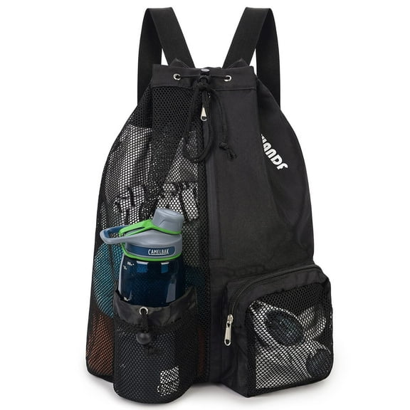Drawstring Mesh Swim Backpack with Wet Pocket Lightweight Sports Equipment Bag for Swimming Gym Workout Grer Hand Carry Handle Beach Pool, Black