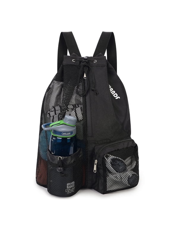 Drawstring Mesh Swim Backpack with Wet Pocket Lightweight Sports Equipment Bag for Swimming Gym Workout Grer Hand Carry Handle Beach Pool, Black