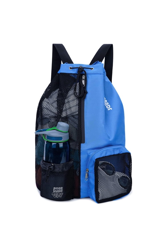 Drawstring Mesh Swim Backpack with Wet Pocket Lightweight Sports Equipment Bag for Swimming Gym Workout Grer Hand Carry Handle Beach Pool, Blue