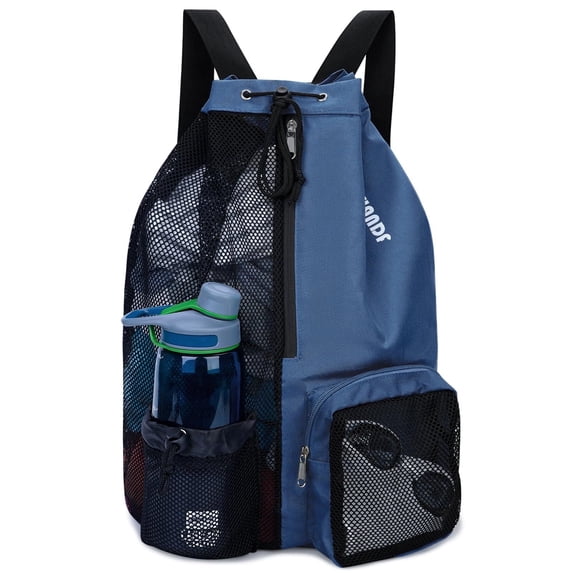 Drawstring Mesh Swim Backpack with Wet Pocket Lightweight Sports Equipment Bag for Swimming Gym Workout Grer Hand Carry Handle Beach Pool, Dark Blue