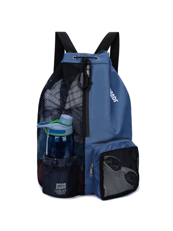 Drawstring Mesh Swim Backpack with Wet Pocket Lightweight Sports Equipment Bag for Swimming Gym Workout Grer Hand Carry Handle Beach Pool, Dark Blue