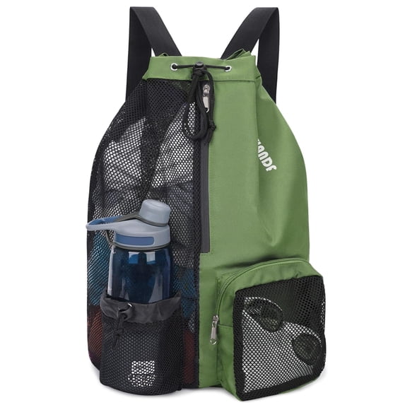 Drawstring Mesh Swim Backpack with Wet Pocket Lightweight Sports Equipment Bag for Swimming Gym Workout Grer Hand Carry Handle Beach Pool, Dark Green