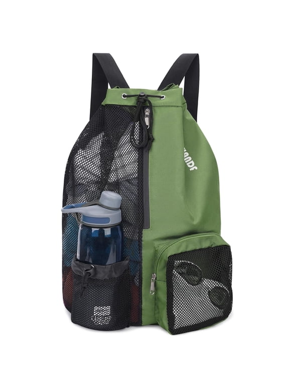 Drawstring Mesh Swim Backpack with Wet Pocket Lightweight Sports Equipment Bag for Swimming Gym Workout Grer Hand Carry Handle Beach Pool, Dark Green