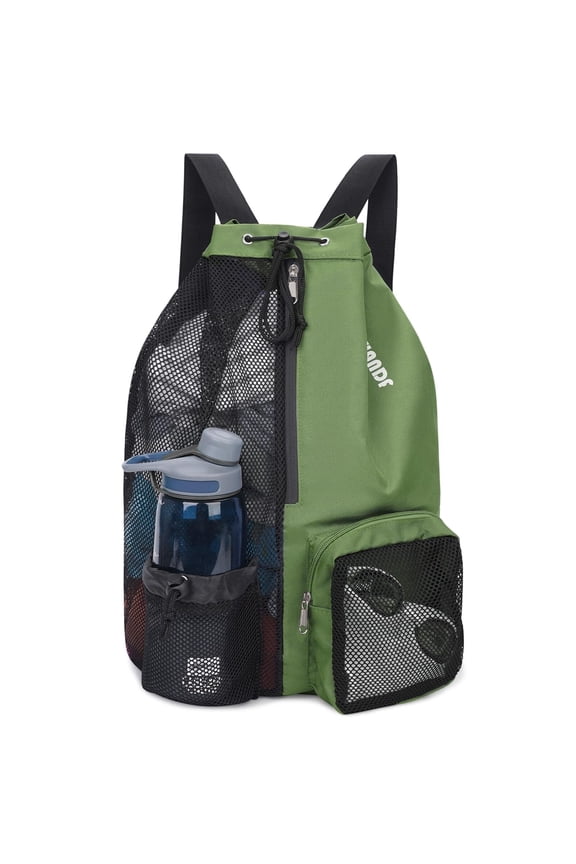 Drawstring Mesh Swim Backpack with Wet Pocket Lightweight Sports Equipment Bag for Swimming Gym Workout Grer Hand Carry Handle Beach Pool, Dark Green
