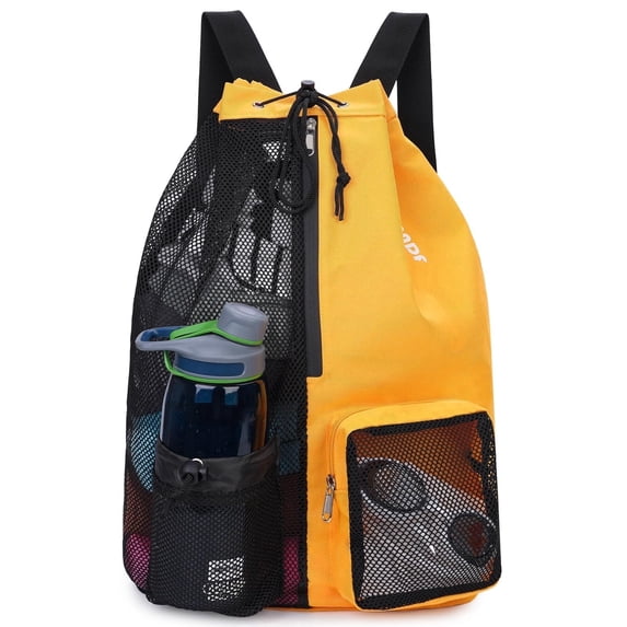 Drawstring Mesh Swim Backpack with Wet Pocket Lightweight Sports Equipment Bag for Swimming Gym Workout Grer Hand Carry Handle Beach Pool, Orange