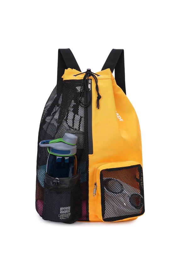 Drawstring Mesh Swim Backpack with Wet Pocket Lightweight Sports Equipment Bag for Swimming Gym Workout Grer Hand Carry Handle Beach Pool, Orange