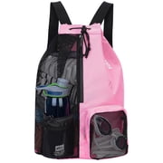 Drawstring Mesh Swim Backpack with Wet Pocket Lightweight Sports Equipment Bag for Swimming Gym Workout Grer Hand Carry Handle Beach Pool, Pink