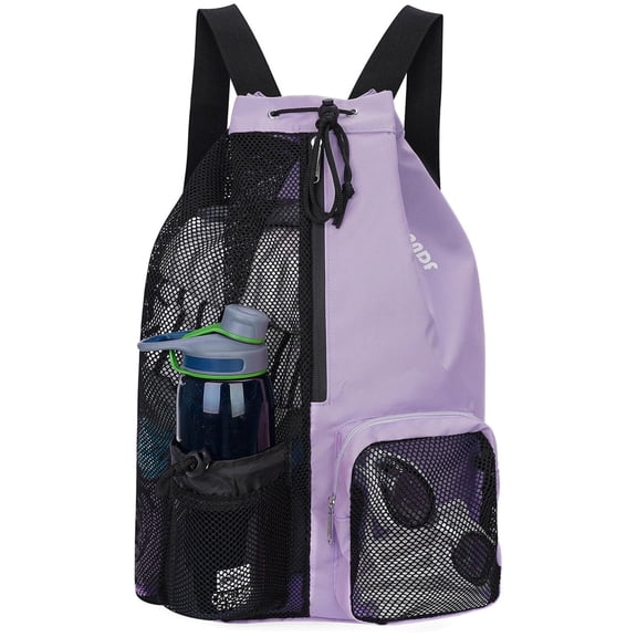 Drawstring Mesh Swim Backpack with Wet Pocket Lightweight Sports Equipment Bag for Swimming Gym Workout Grer Hand Carry Handle Beach Pool, Purple