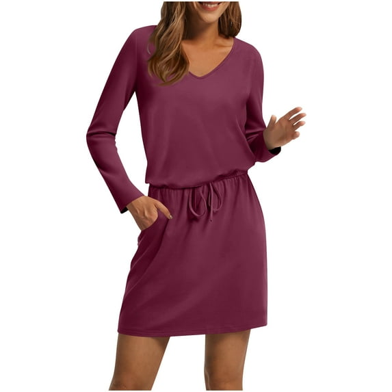 Drawstring Mini Dress for Women Long Sleeve V Neck Tshirt Dress Fall Casual Loungewear a Line Short Dress with Pockets Wine XL