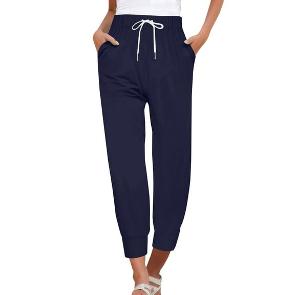Drawstring Pants Women, Audhol Sweatpants for Women Pants Drawstring Casual Fashion Solid Color Cropped Pants Joggers for Women Navy M