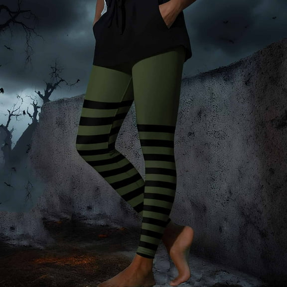 Drawstring Pants Women New Women's Funny Striped Halloween Tights Ankle Length Leggings High Waisted Stretchy Cute Graphic Yoga Pants Army Green XXL