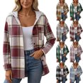 thumbnail image 1 of Drawstring Plaid Hoodie for Women,Open Front Cardigan Casual Button Down Coats with Chest Pocket, 1 of 7