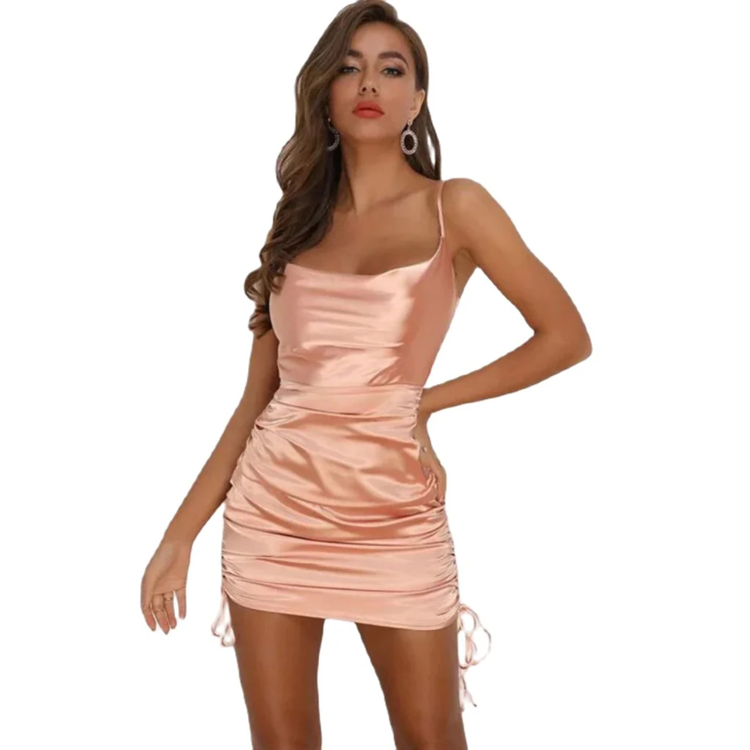 Drawstring Pleated Multicolor Satin Dress Short Irregular Skirt Sexy Round Neck Conventional Sleeve Walmart