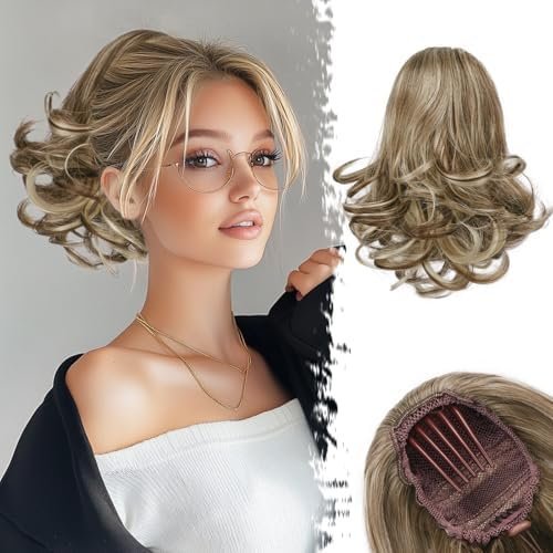 Drawstring Ponytail Extension - 10 Inch Short Wavy Highlight Ponytail Extensions for Women - Synthetic Comb Clip in Ponytail Hairpieces  Pony Tails - Medium Brown with Highlights