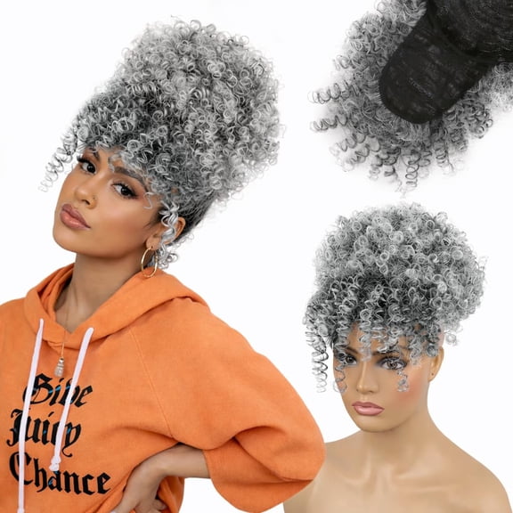 Drawstring Ponytail with Bangs Afro Puff Curly T-Gray