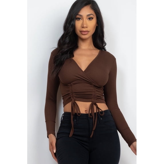Drawstring Ribbed Long Sleeve Crop Top