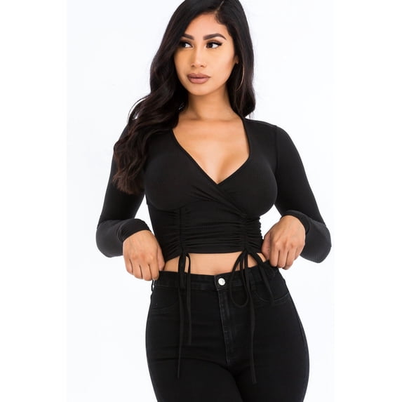 Drawstring Ribbed Long Sleeve Crop Top
