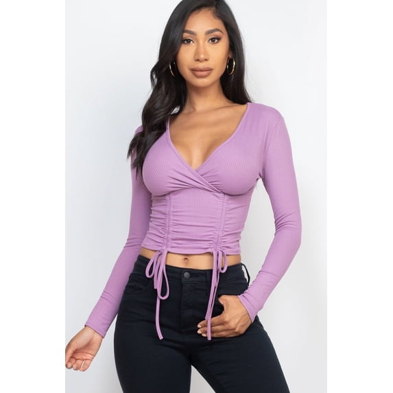 Drawstring Ribbed Long Sleeve Crop Top