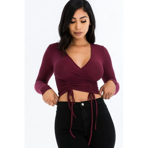 Drawstring Ribbed Long Sleeve Crop Top