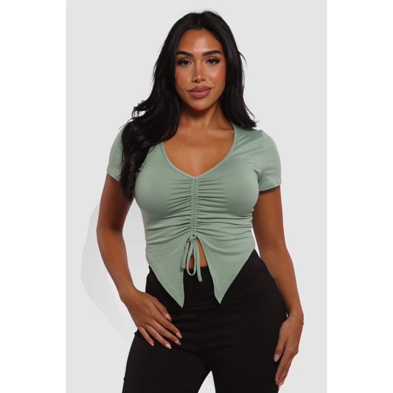 Drawstring Ruched Front V-Neck Crop Tops - Sage