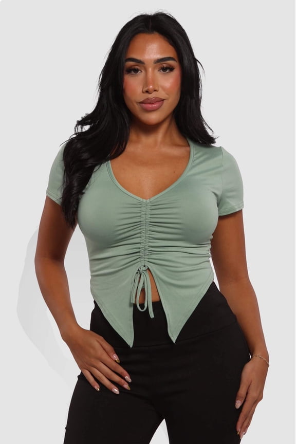 Drawstring Ruched Front V-Neck Crop Tops - Sage