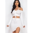 thumbnail image 1 of Drawstring Ruched Off Shoulder Crop Top & Side Slit Mini Skirt Ensemble, 1 of 8