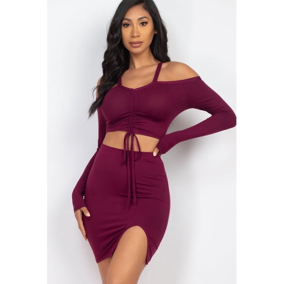 Drawstring Ruched Off Shoulder Crop Top & Side Slit Mini Skirt Ensemble