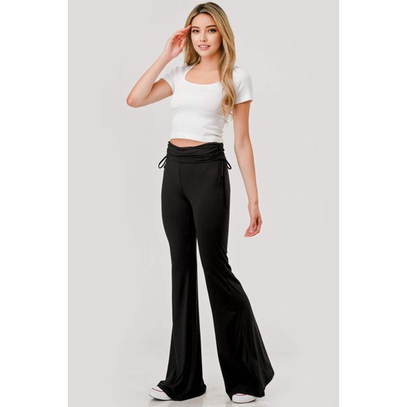 Drawstring Ruched Waist Flare Pants - Black