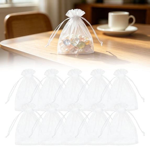 Drawstring Sheer Organza Gift Pouches, 2.7x3.5Inch Lightweight Transparent Mesh Jewelry Storage Sacks, 10Pcs Mini Pull String Treat Packaging Bag for Wedding, Birthday Favor Supplies, White