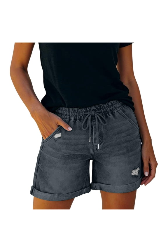 Drawstring Shorts Women Adjustable Waist Jean Shorts Women Pull On Denim Shorts Elastic Denim Shorts For Women Jegging Shorts Womens Baggy Jean Shorts Drawstring Shorts Women