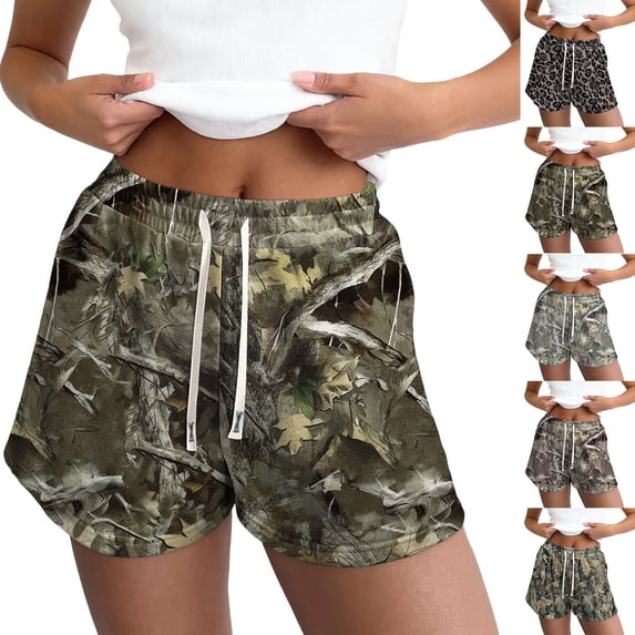Drawstring Shorts for Women Maple Leaf Print Elastic Waist Camo Shorts with Pockets Camo Boxer Workout Casual Y2k Boxer Shorts Camouflage Pants,Green 2XL