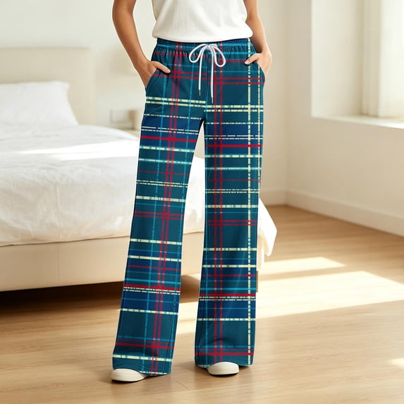 Drawstring Sleep Pants Women Plaid Wide Leg Pajama Loose Fit Loungewear Trousers with Pockets S