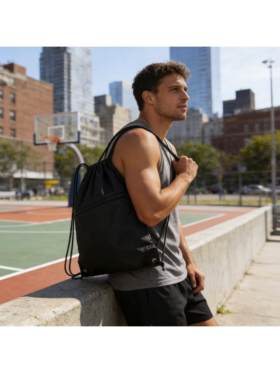 Drawstring Sports Backpack, Large Capacity Cinch Sack with Zipper Pocket, Lightweight Water-Resistant Gym Bag for Basketball, Travel and Outdoor Activities Black