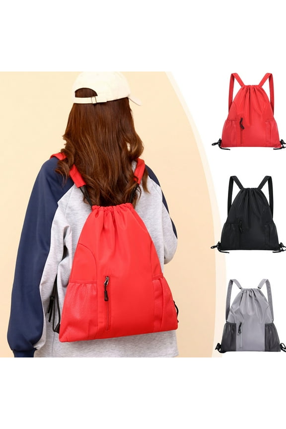 Drawstring Sports Backpack | Large Capacity Polyester Gym Bag | Lightweight Durable Design | Reinforced Stitching | Adjustable Straps | 17.7x15.3 in | Black Red Gray | 1 Pack