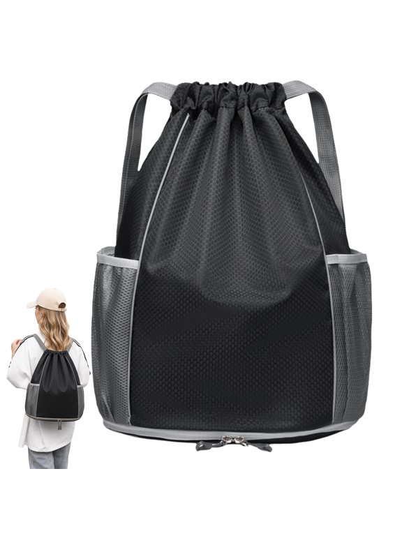 Drawstring Sports Backpack, Lightweight Gym Bag with Wet Dry Pocket and Mesh Side Pockets, Casual Shoulder Bag for Basketball, Swimming, Travel and Daily Use, Black