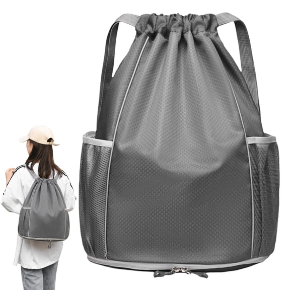 Drawstring Sports Backpack, Lightweight Gym Bag with Wet Dry Pocket and Mesh Side Pockets, Casual Shoulder Bag for Basketball, Swimming, Travel and Daily Use, Gray