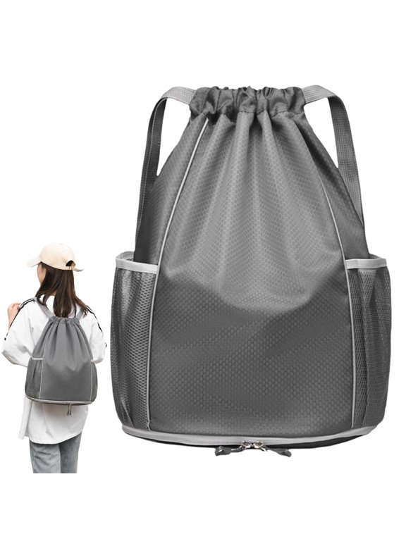 Drawstring Sports Backpack, Lightweight Gym Bag with Wet Dry Pocket and Mesh Side Pockets, Casual Shoulder Bag for Basketball, Swimming, Travel and Daily Use, Gray