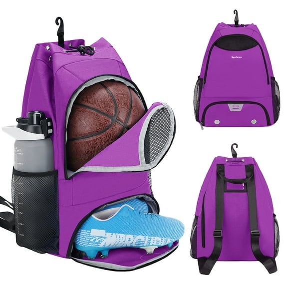 Basketball Backpack Soccer Bag for Men Drawstring Sports Backpacks with Shoe Compartment Wet Pocket Hook Gym Equipment Bags for Women, Purple