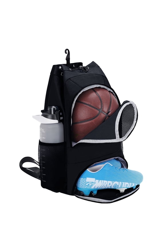 Drawstring Men Sports Backpack with Shoe Compartment Wet Pocket Hook Basketball Soccer Gym Sports Equipment Bags with Name Tag for Women, Black