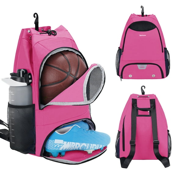 Drawstring Basketball Bag for Men Sports Backpack with Shoe Compartment Wet Pocket Hook Soccer Gym Equipment Bags with Name Tag for Women, Pink